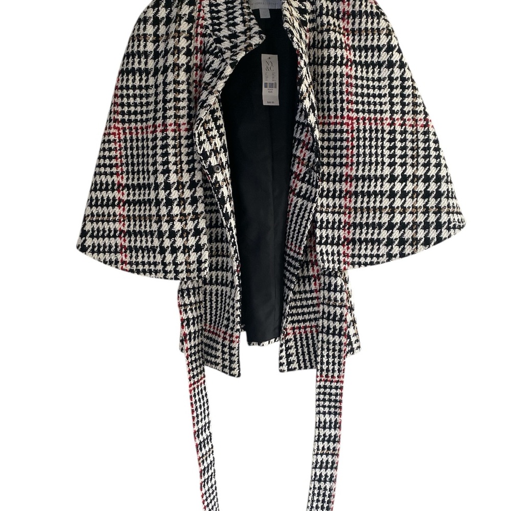 New York & Company Houndstooth Cape with Red & Camel Accents